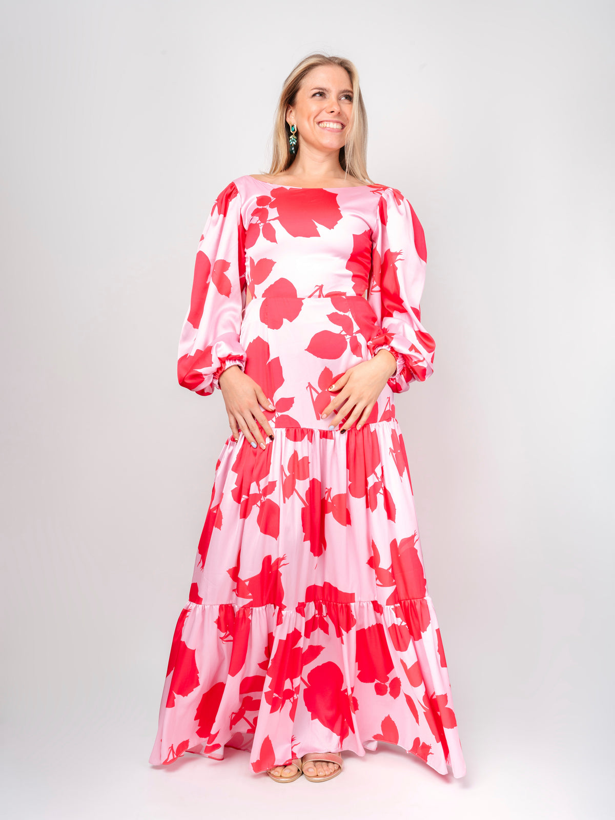 Vestido Largo Floral Manga Larga
