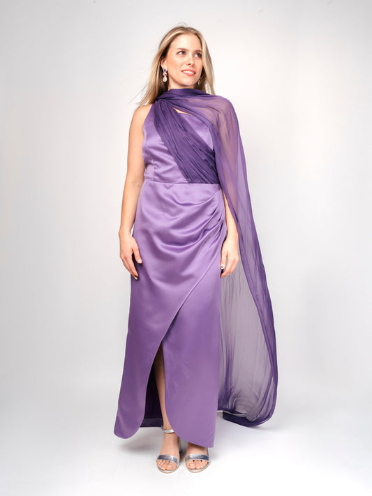 Vestido Midi Asimétrico con Capa – A Medida