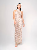 Vestido Midi Nude con Lentejuelas Doradas