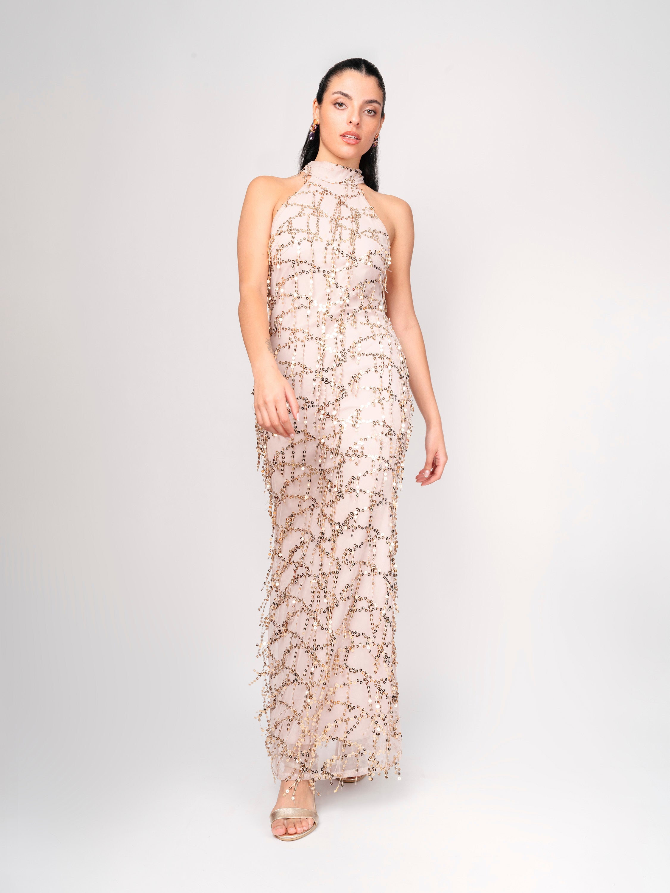 Vestido Midi Nude con Lentejuelas Doradas